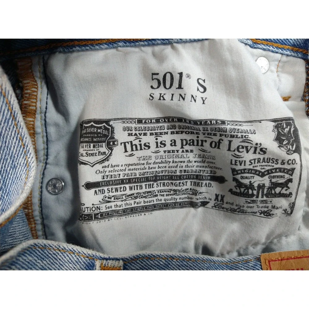 Levis 501 S‎ Skinny Jeans Light Distressed Ripped Button Fly Blue Denim 27x28